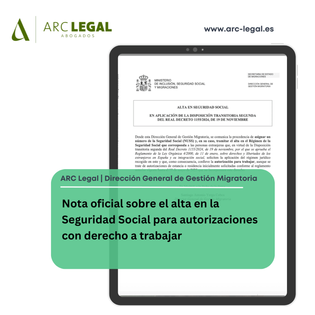 Nota oficial sobre el alta en la Seguridad Social para autorizaciones con derecho a trabajar