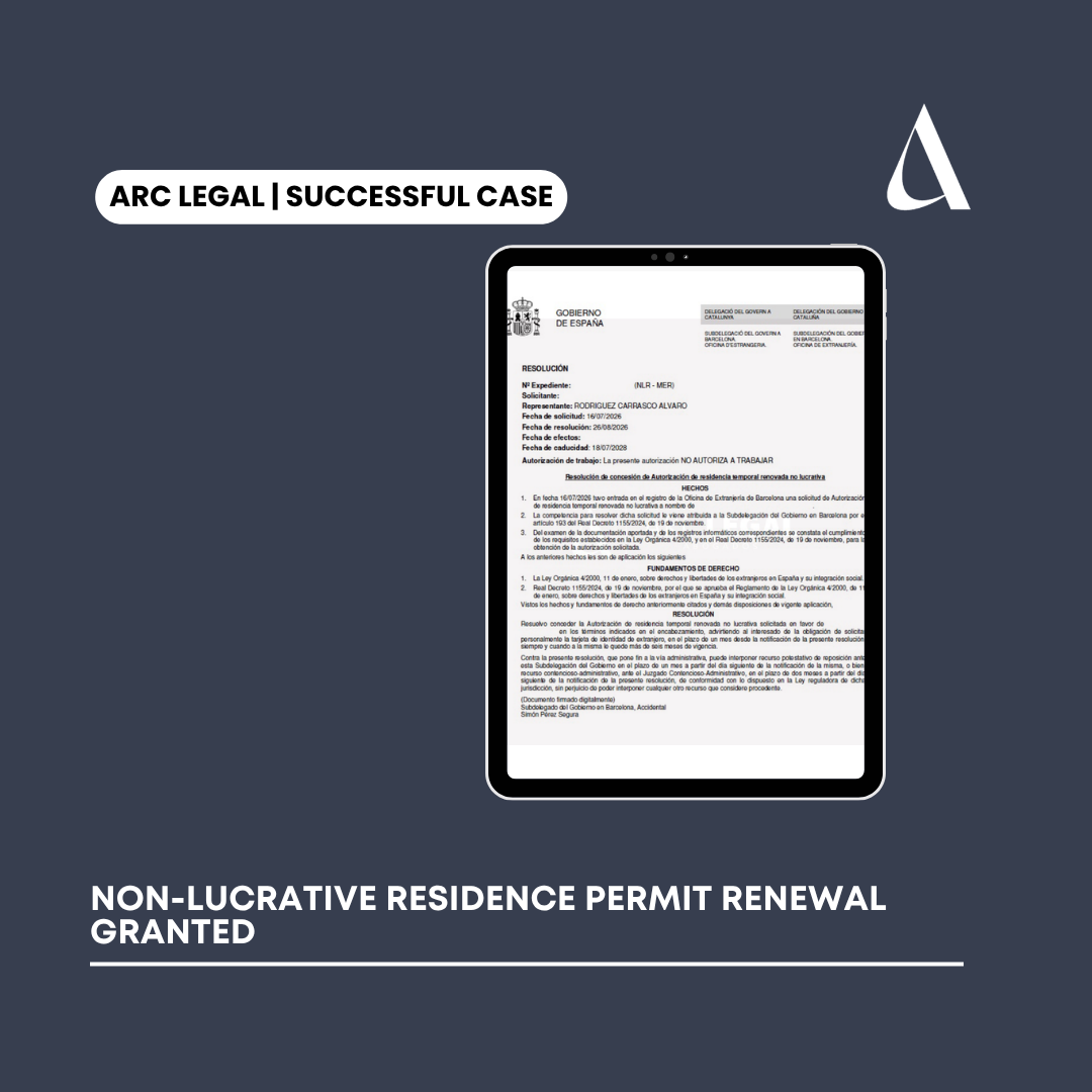 ARC LEGAL | SUCCESSFUL CASE: NON-LUCRATIVE RESIDENCE PERMIT RENEWAL GRANTED